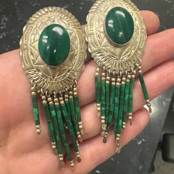 Handmade vintage Sterling malachite earrings - Picture 7 of 10